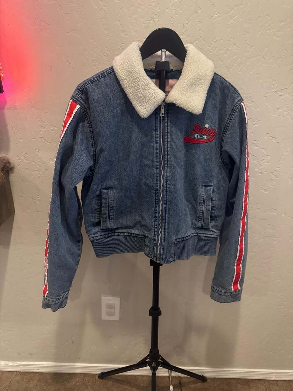 Juicy Couture Denim Bomber Jacket Size XL Sherpa Collar